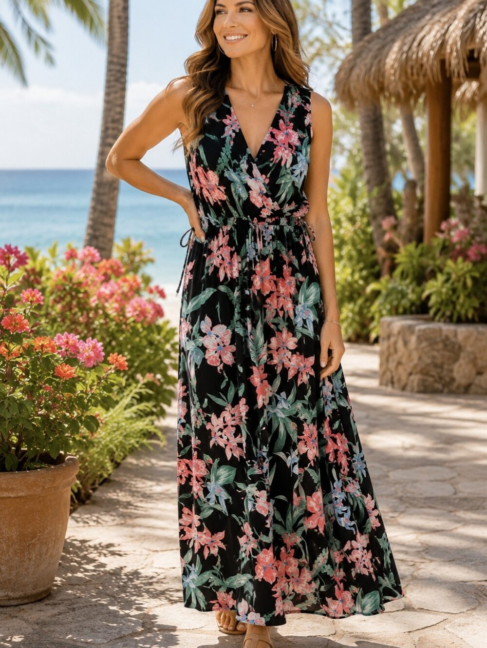 A-129 Tommy Bahama Tropical Floral Maxi Dress M Black Pink Resort Vacation